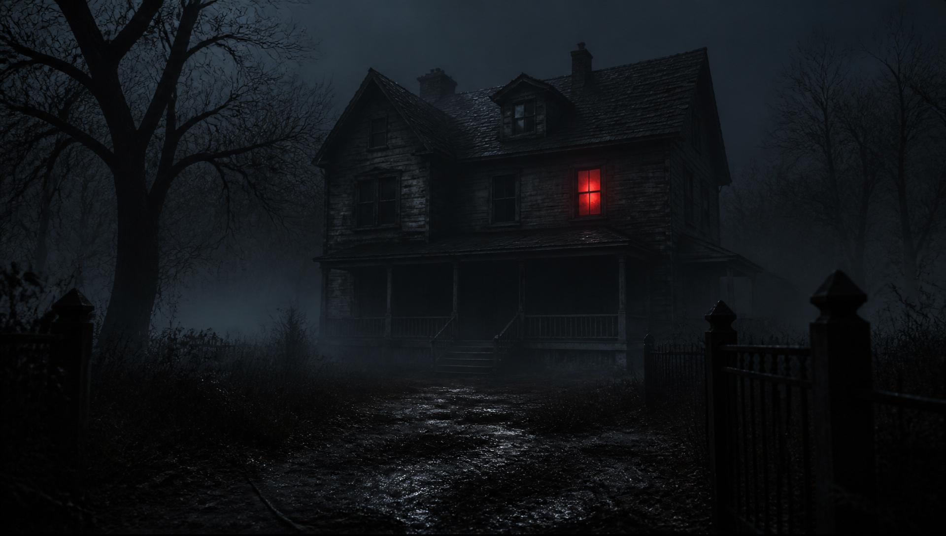 An abandoned house shrouded in fog with a single red-lit window